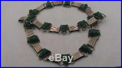 Vintage Art Deco Sterling Silver Green Stone Face Necklace &bracelet Lot Mexico
