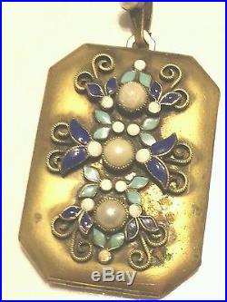 Vintage Hobe Signed Brass Art Deco Enamel Necklace Pendant Antique Photo Locket