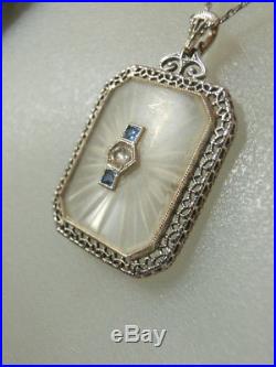 VNTG ART DECO 14k WHITE GOLD SAPPHIRE AND DIAMOND CAMPHOR GLASS NECKLACE