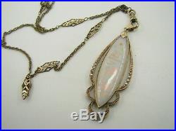 VTG 14K YELLOW GOLD Pearl & Opal LAVALIER PENDANT GF Chain Necklace ART DECO B