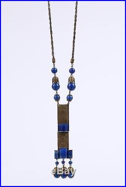 VTG 1920s CZECH ART DECO BLUE LAPIS GLASS ETCHED BRASS SAUTOIR NECKLACE