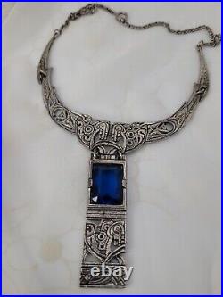 VTG ART DECO CELTIC REVIVAL HORSE BLUE RHINESTONE NECKLACE by MIRACLE BRITAIN