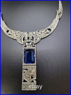 VTG ART DECO CELTIC REVIVAL HORSE BLUE RHINESTONE NECKLACE by MIRACLE BRITAIN