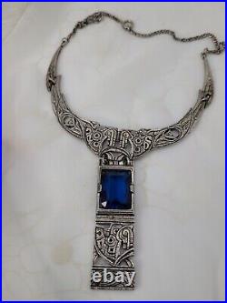 VTG ART DECO CELTIC REVIVAL HORSE BLUE RHINESTONE NECKLACE by MIRACLE BRITAIN