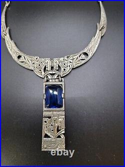 VTG ART DECO CELTIC REVIVAL HORSE BLUE RHINESTONE NECKLACE by MIRACLE BRITAIN