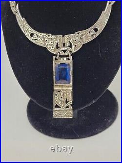 VTG ART DECO CELTIC REVIVAL HORSE BLUE RHINESTONE NECKLACE by MIRACLE BRITAIN