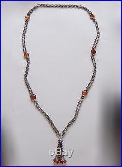 Vtg Art Deco Germany Sterling Silver Bezel Set Carnelian Sautoir Tassel Necklace