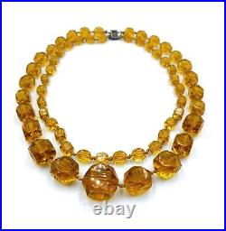 VTG ART DECO Hand Cut Crystal AMBER GLASS CUBE Hand Knotted Sterling NECKLACE