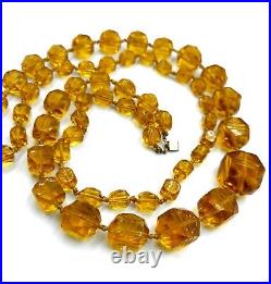 VTG ART DECO Hand Cut Crystal AMBER GLASS CUBE Hand Knotted Sterling NECKLACE