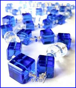 VTG ART DECO Hand Cut Crystal FLAPPER NECKLACE. Blue & Clear