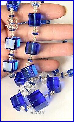 VTG ART DECO Hand Cut Crystal FLAPPER NECKLACE. Blue & Clear