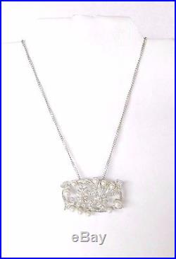 VTG Antique Art deco 14k white gold diamond pearl pendant pin necklace
