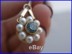 VTG Art Deco 14k Blue Topaz & Pearls Lavalier drop Pendant for necklace