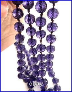 VTG Art Deco Chinese Hand Carved Purple Glass Shou Bead Necklace 21