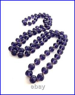 VTG Art Deco Chinese Hand Carved Purple Glass Shou Bead Necklace 21