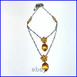 VTG Art Deco Czech Glass Pendant Double Drop Chain Lavaliere Necklace Citrine