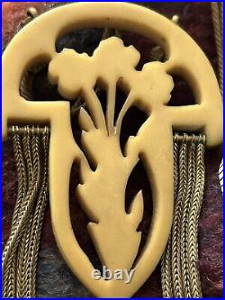 VTG Art Deco Galalith Brass aesthetic era-20s art nouveau carved Drop Necklace
