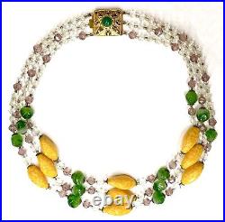 VTG Art Deco Multi-Strand Faux Jade, Yellow Peking & Art Glass NECKLACE