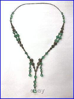 VTG Art Deco Necklace Czech Green Glass Beads Dangle Drop Filigree Brass Flapper