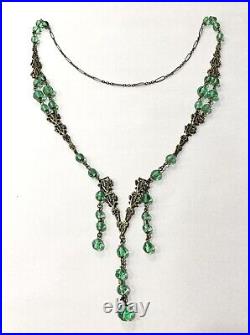 VTG Art Deco Necklace Czech Green Glass Beads Dangle Drop Filigree Brass Flapper