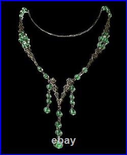 VTG Art Deco Necklace Czech Green Glass Beads Dangle Drop Filigree Brass Flapper