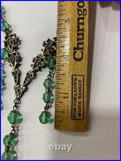 VTG Art Deco Necklace Czech Green Glass Beads Dangle Drop Filigree Brass Flapper