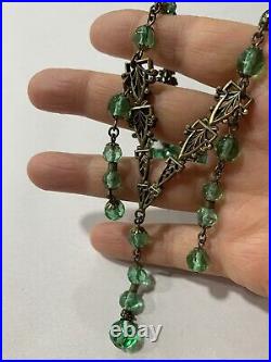 VTG Art Deco Necklace Czech Green Glass Beads Dangle Drop Filigree Brass Flapper