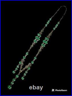 VTG Art Deco Necklace Czech Green Glass Beads Dangle Drop Filigree Brass Flapper