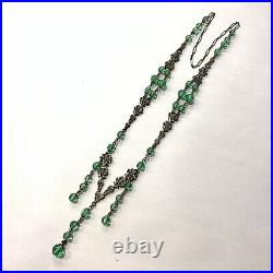 VTG Art Deco Necklace Czech Green Glass Beads Dangle Drop Filigree Brass Flapper