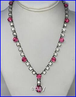 VTG Art Deco Sterling Silver Open Back Rare Pink Clear Crystal Paste Necklace