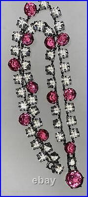 VTG Art Deco Sterling Silver Open Back Rare Pink Clear Crystal Paste Necklace