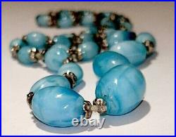 VTG CZECH ART DECO Graduated Blue Satin Swirl GLASS NECKLACE