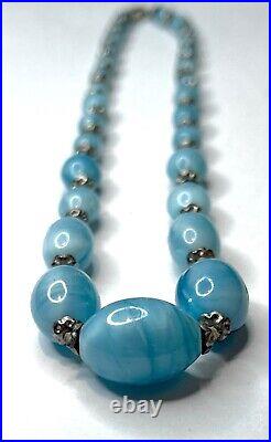 VTG CZECH ART DECO Graduated Blue Satin Swirl GLASS NECKLACE