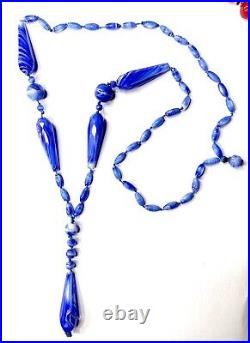 VTG CZECH Art Deco Blue Slag Glass Flapper SAUTOIR NECKLACE