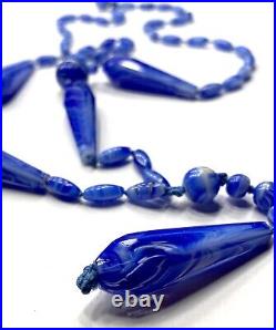 VTG CZECH Art Deco Blue Slag Glass Flapper SAUTOIR NECKLACE