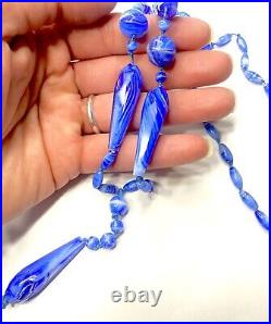 VTG CZECH Art Deco Blue Slag Glass Flapper SAUTOIR NECKLACE