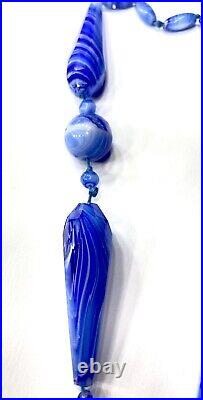 VTG CZECH Art Deco Blue Slag Glass Flapper SAUTOIR NECKLACE