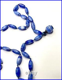 VTG CZECH Art Deco Blue Slag Glass Flapper SAUTOIR NECKLACE