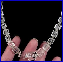 VTG Czech ART DECO Hand Cut CRYSTAL Cube NECKLACE Silver Fish Hook Box Clasp