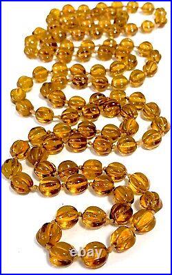 VTG FRENCH ART DECO Amber POURED GLASS Melon Bead FLAPPER NECKLACE