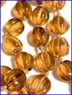 VTG FRENCH ART DECO Amber POURED GLASS Melon Bead FLAPPER NECKLACE