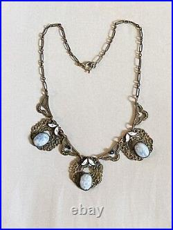 VTG Flapper Necklace Czech Glass Cabochon Blue Enamel Filigree Art Deco Collar