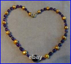 VTG Glowing Art Deco Natural Amethyst Dyed Gold Baroque Pearl Bead 21 Necklace