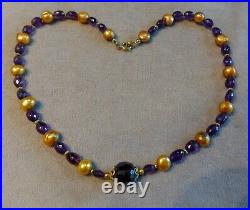 VTG Glowing Art Deco Natural Amethyst Dyed Gold Baroque Pearl Bead 21 Necklace