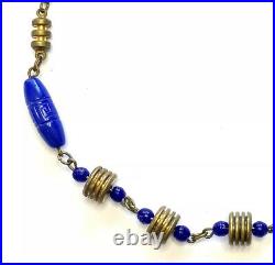 VTG NEIGER BROS CZECH Art Deco COBALT BLUE GLASS & Brass Greek Key NECKLACE