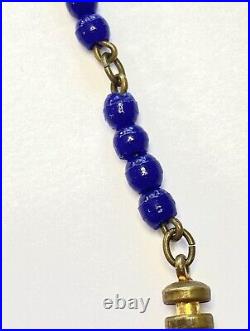 VTG NEIGER BROS CZECH Art Deco COBALT BLUE GLASS & Brass Greek Key NECKLACE