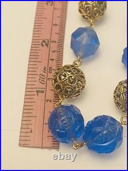 VTG Necklace Deep Blue Czech Glass Carved Beaded Art Deco Choker Filigree Collar