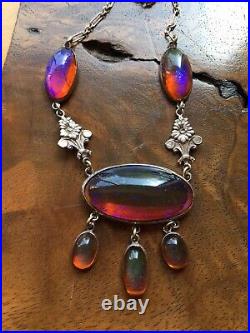 VTG Sterling Glowing Dragon Breath Fire Opal Arts Crafts Deco Necklace 18 21g