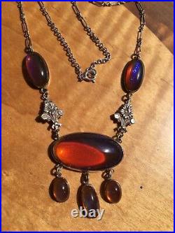 VTG Sterling Glowing Dragon Breath Fire Opal Arts Crafts Deco Necklace 18 21g