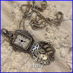 VTG Sterling Silver ART DECO Signed MC Marcasite Watch Necklace WithChain 44gr